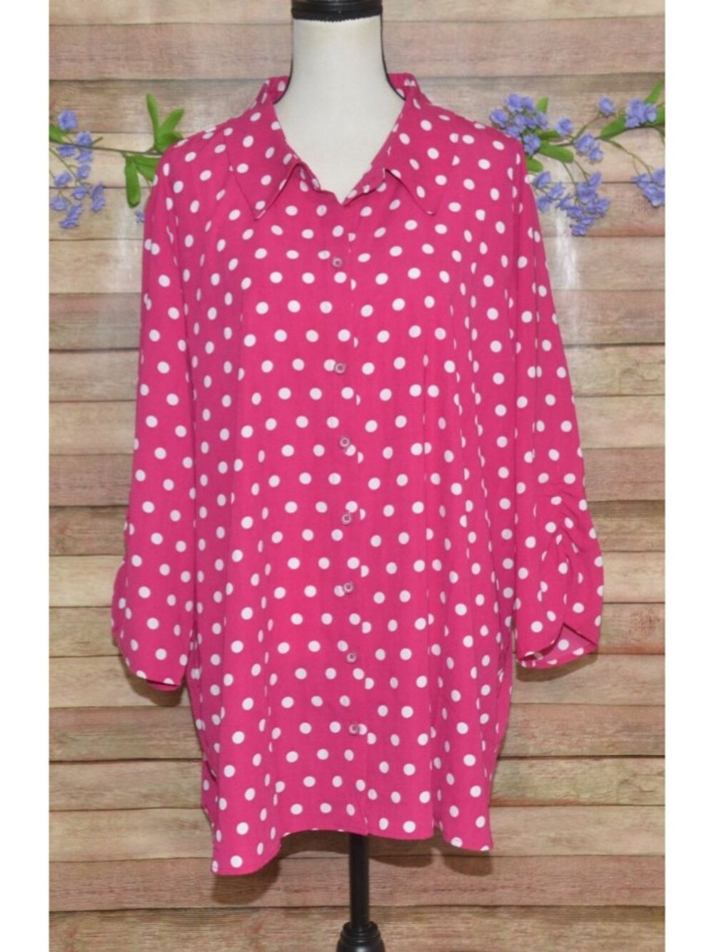 Susan Graver Women's 3X Pink Polka Dot Button Front Blouse Top Retro Rockabilly